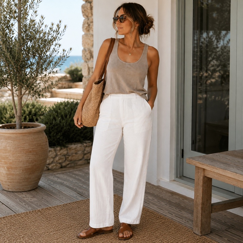 Match Point White 100% Linen Pull-On Pants Women's Large Coastal Relaxed Beach